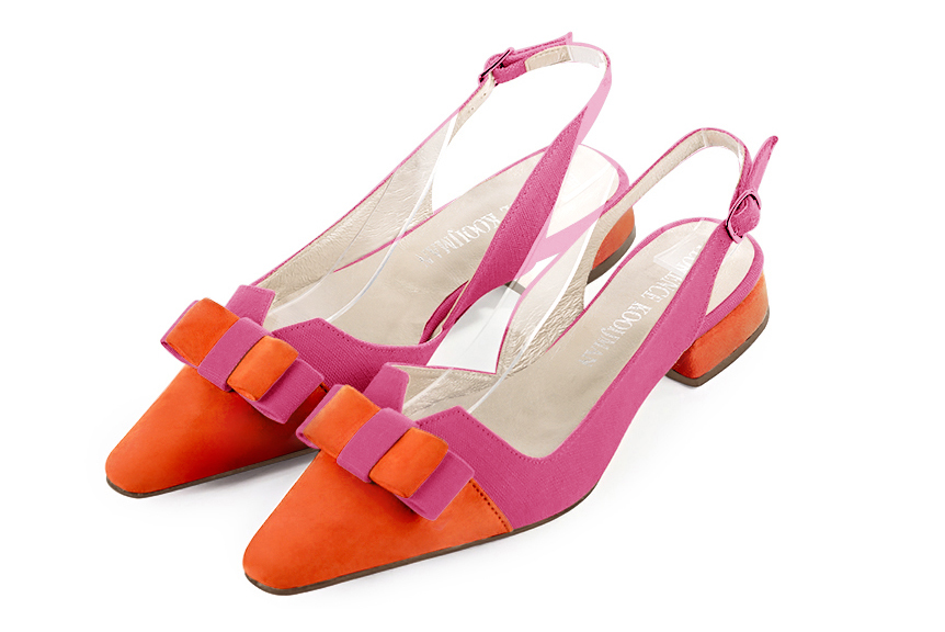Women's clementine orange and hot pink elegant slingback heels, with a bow on the front. Tapered toe. Flat block heels - Front view